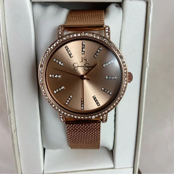 Jessica Simpson Rose Gold Watch 36mm Crystal Encrusted Adjustable Mesh Band NEW - Picture 4 of 10